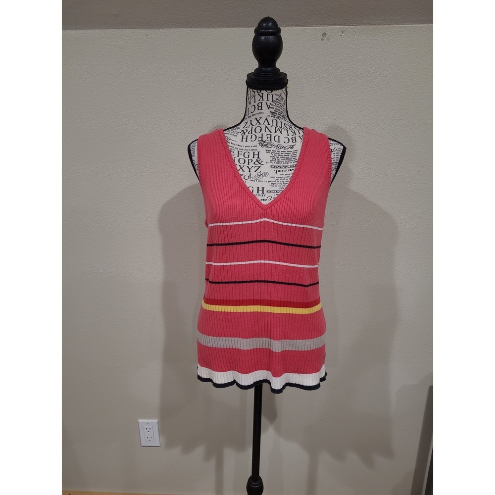 KIKIT 100% Cotton Multi color stripe Rib V‎ neck sweater vest Women SZ XL preppy